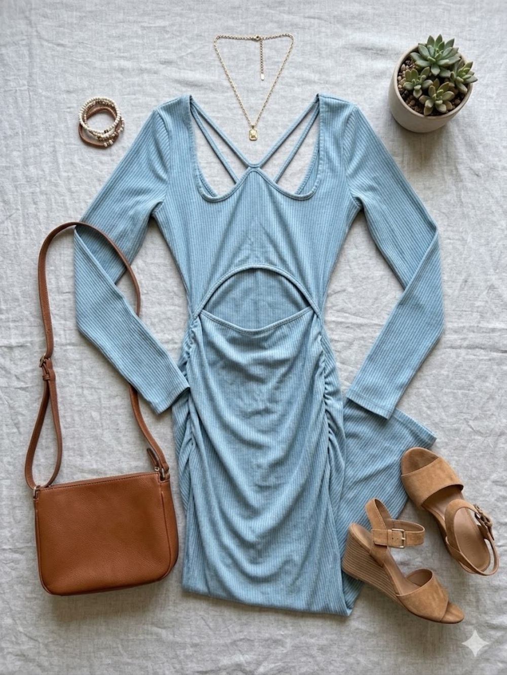 Jonathan Simkhai Light Blue Ribbed Cutout Long Sleeve Dress